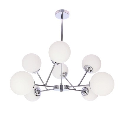 Lampa wisząca Belweder kula do salonu chromowa 8-płomienna klosze białe E14