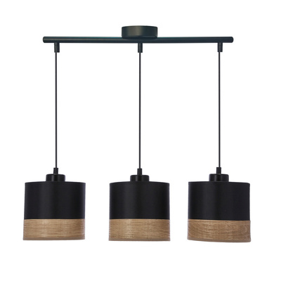 Lampa wisząca z abażurami Porto czarna potrójna nad stół abażur czarny z fornirem