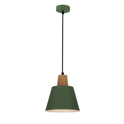Lampa wisząca Faro zielona metalowa z drewnem do salonu pojedyncza E27