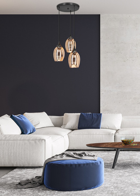 Lampa wisząca Marina szklane lustrzane klosze miedziane potrójna do jadalni